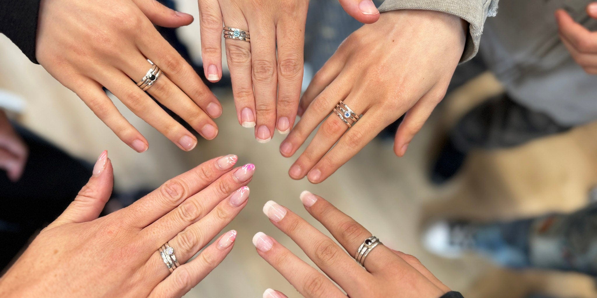 Maggie Read Jewellery Classes - silver gemstone stacking rings made by students