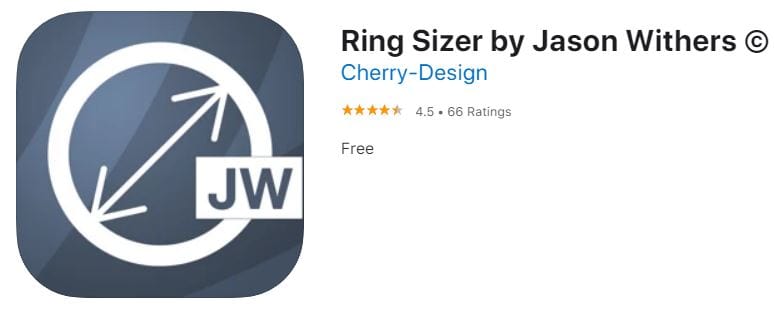 Ring Sizer app icon with 'JW' logo on a gray background