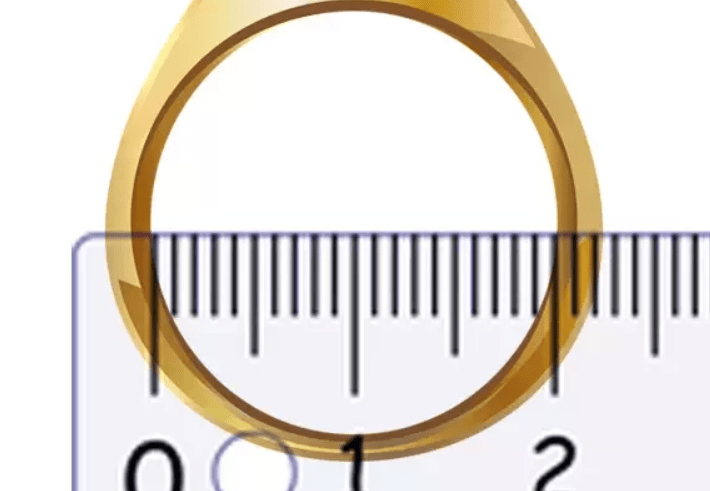 Gold ring with a ruler for size measurement on a white background