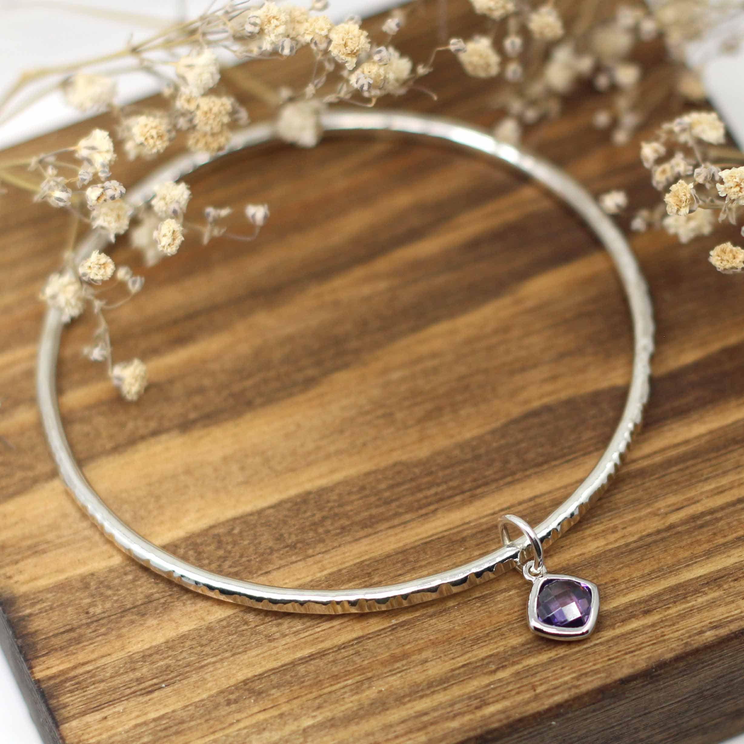 Maggie Read Jewellery Bracelets Sterling silver Purple Gemstone Silver Bangle - Hammered Lines