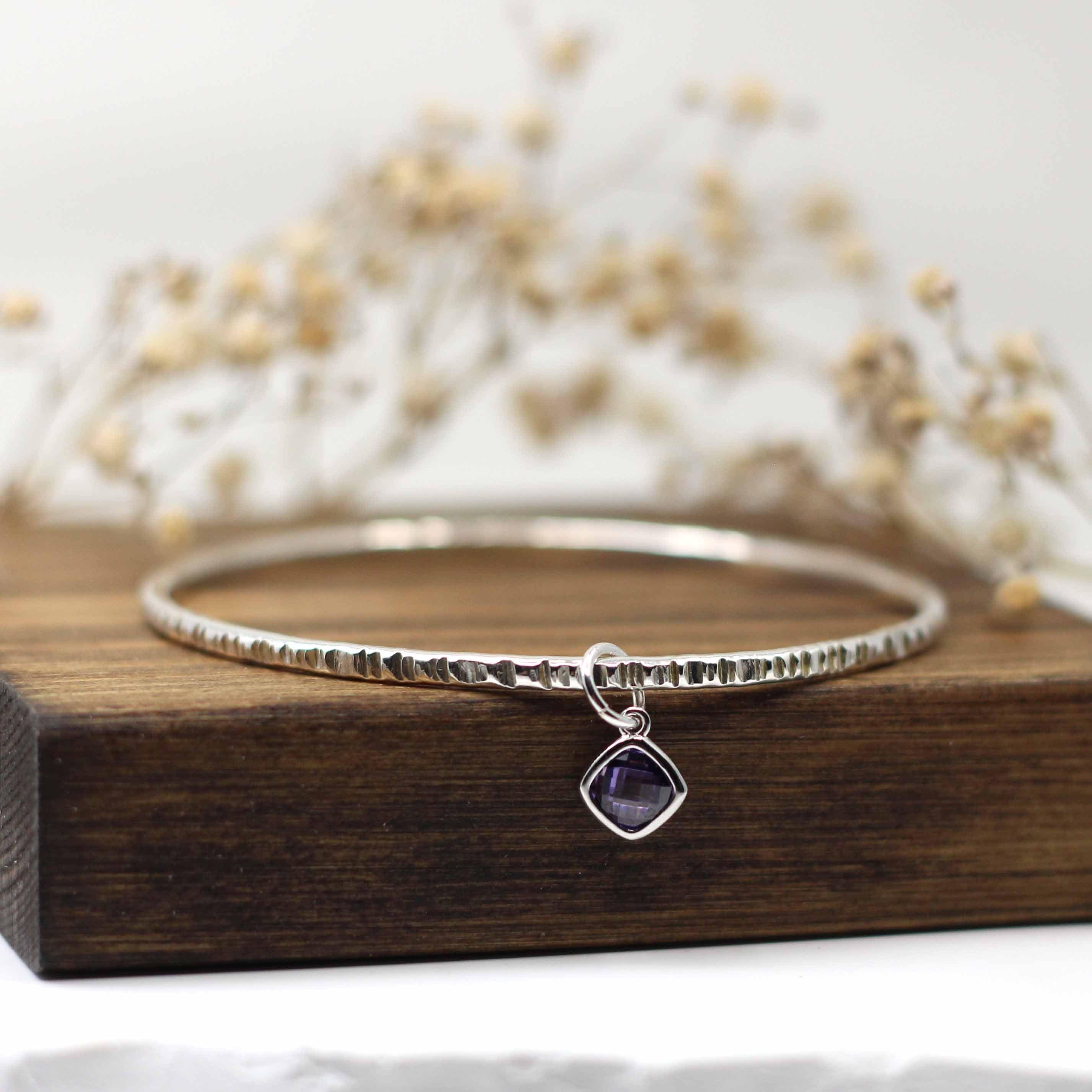 Maggie Read Jewellery Bracelets Sterling silver Purple Gemstone Silver Bangle - Hammered Lines