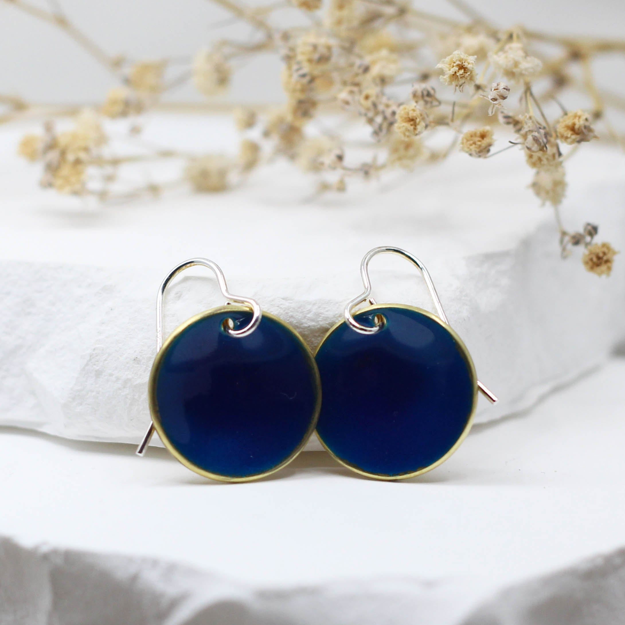 Maggie Read Jewellery Earrings Brass Enamelled Brass Circle Earrings - Dark Blue