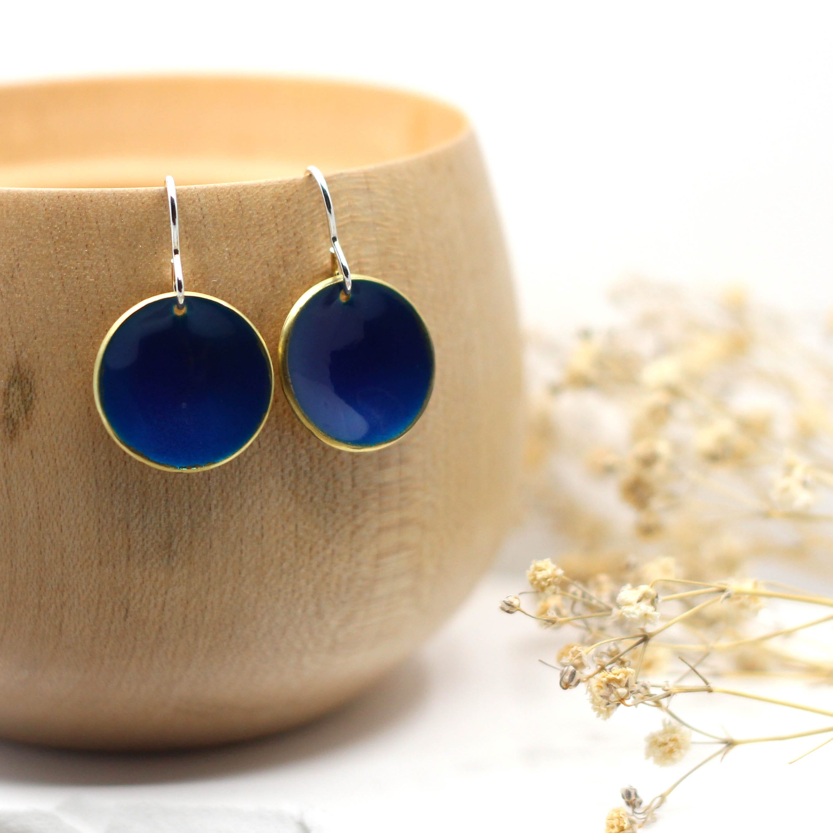 Maggie Read Jewellery Earrings Brass Enamelled Brass Circle Earrings - Dark Blue