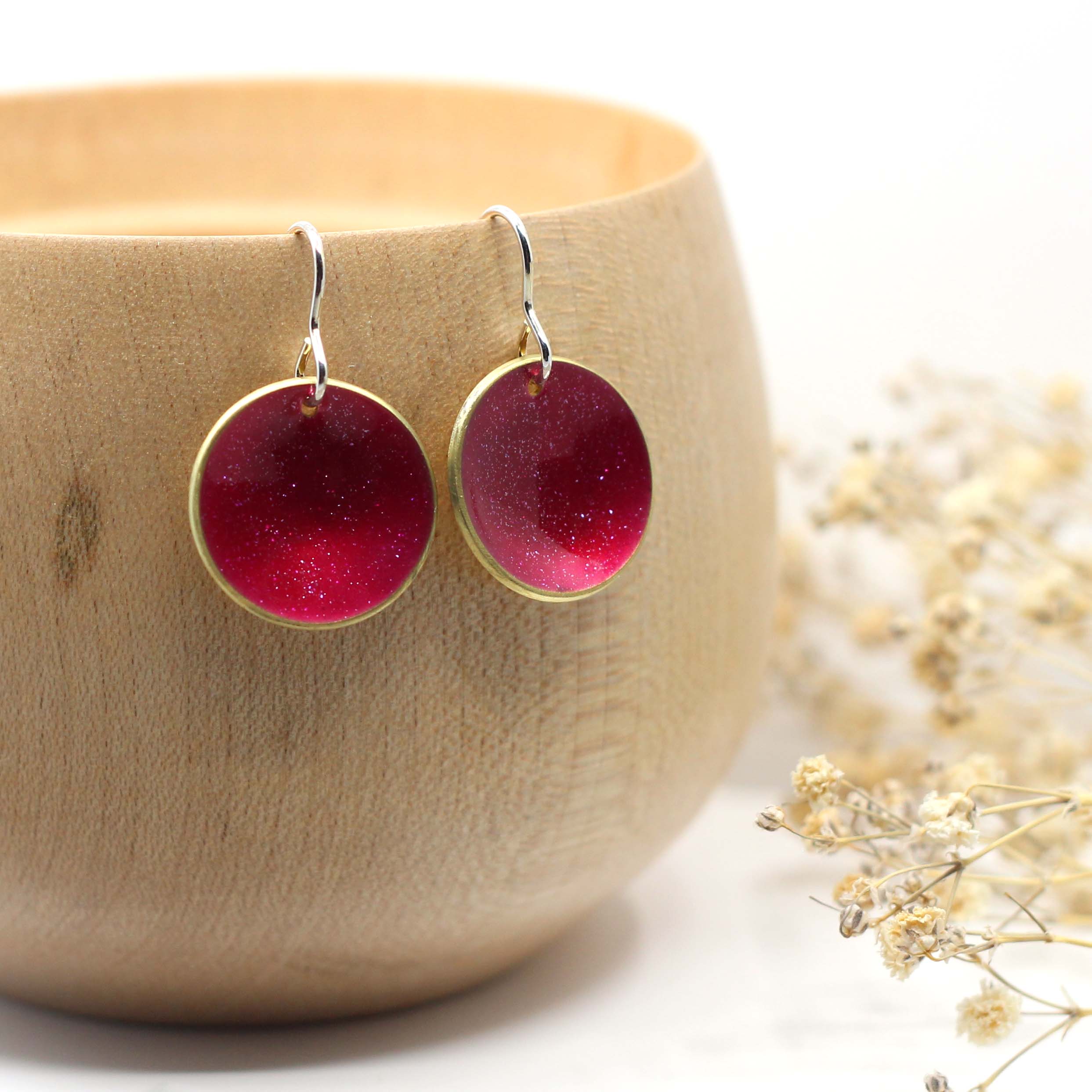 Maggie Read Jewellery Earrings Brass Enamelled Brass Circle Earrings - Raspberry Sparkle