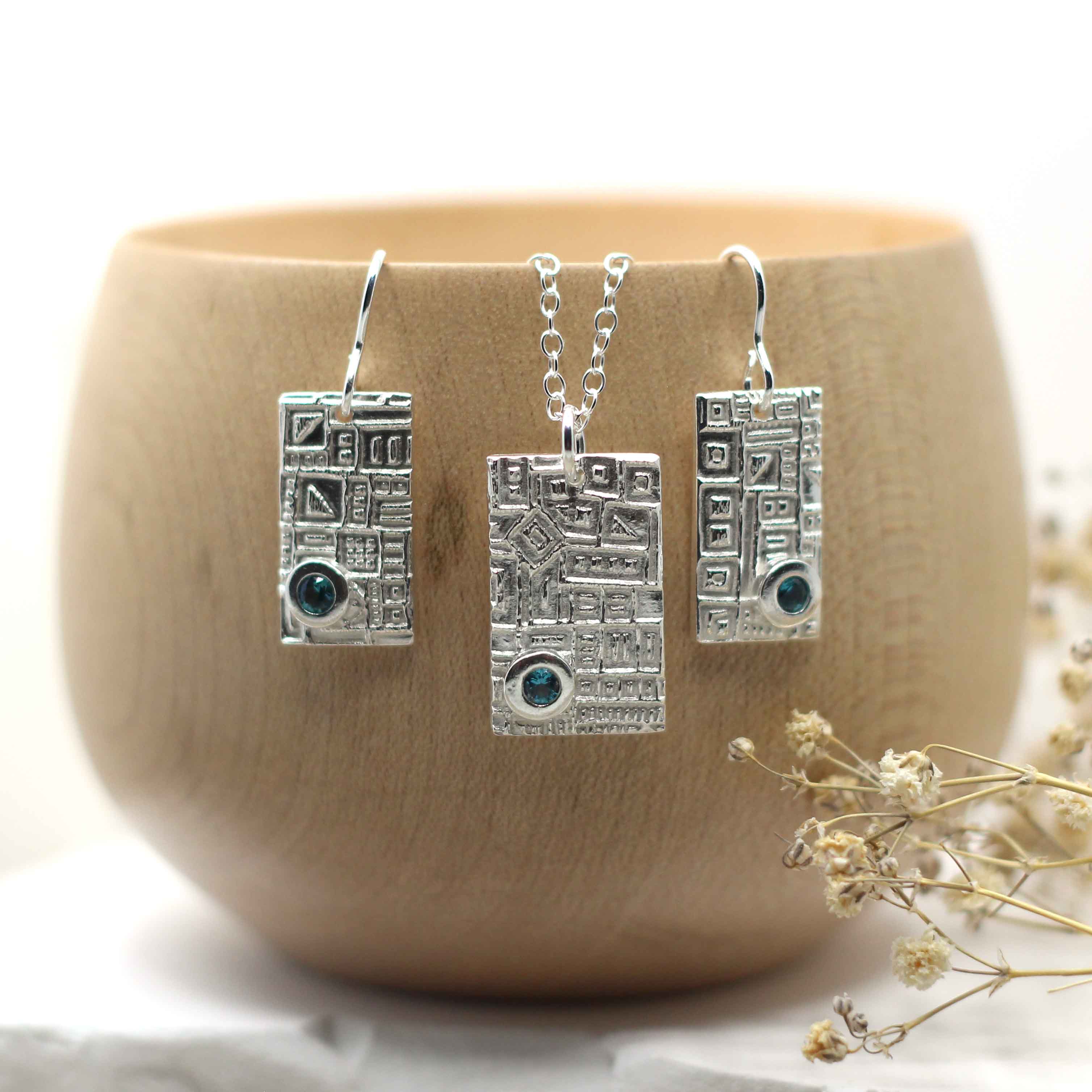Maggie Read Jewellery Earrings Fine silver Abstract Rectangle Silver Gemstone Earrings & Necklace Set