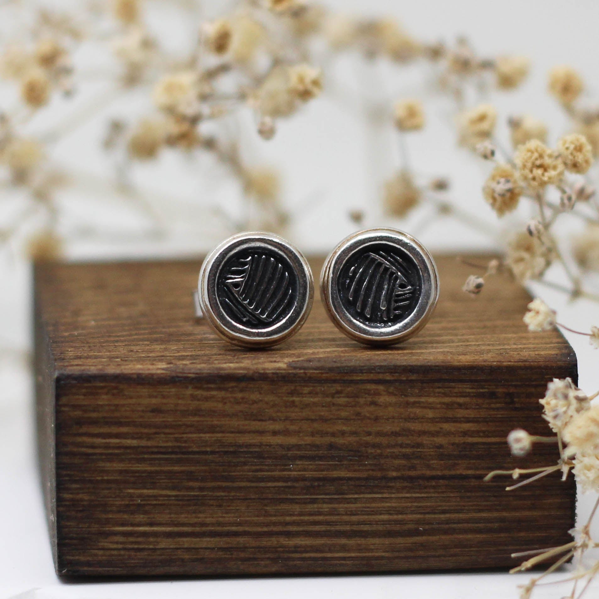 Maggie Read Jewellery Earrings Sterling silver Round Border Silver Stud Earrings - Black Lines