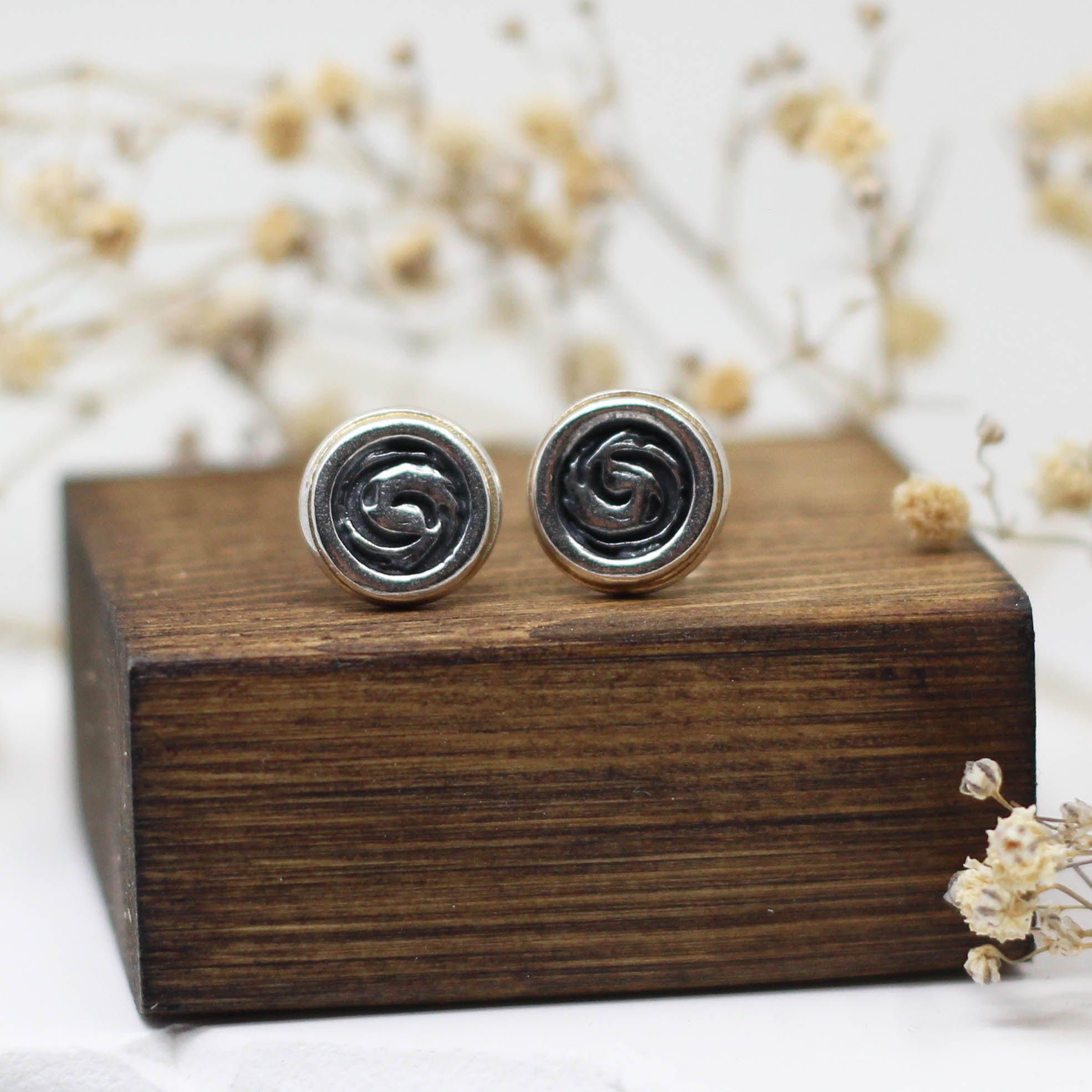 Maggie Read Jewellery Earrings Sterling silver Round Border Silver Stud Earrings - Black Swirls