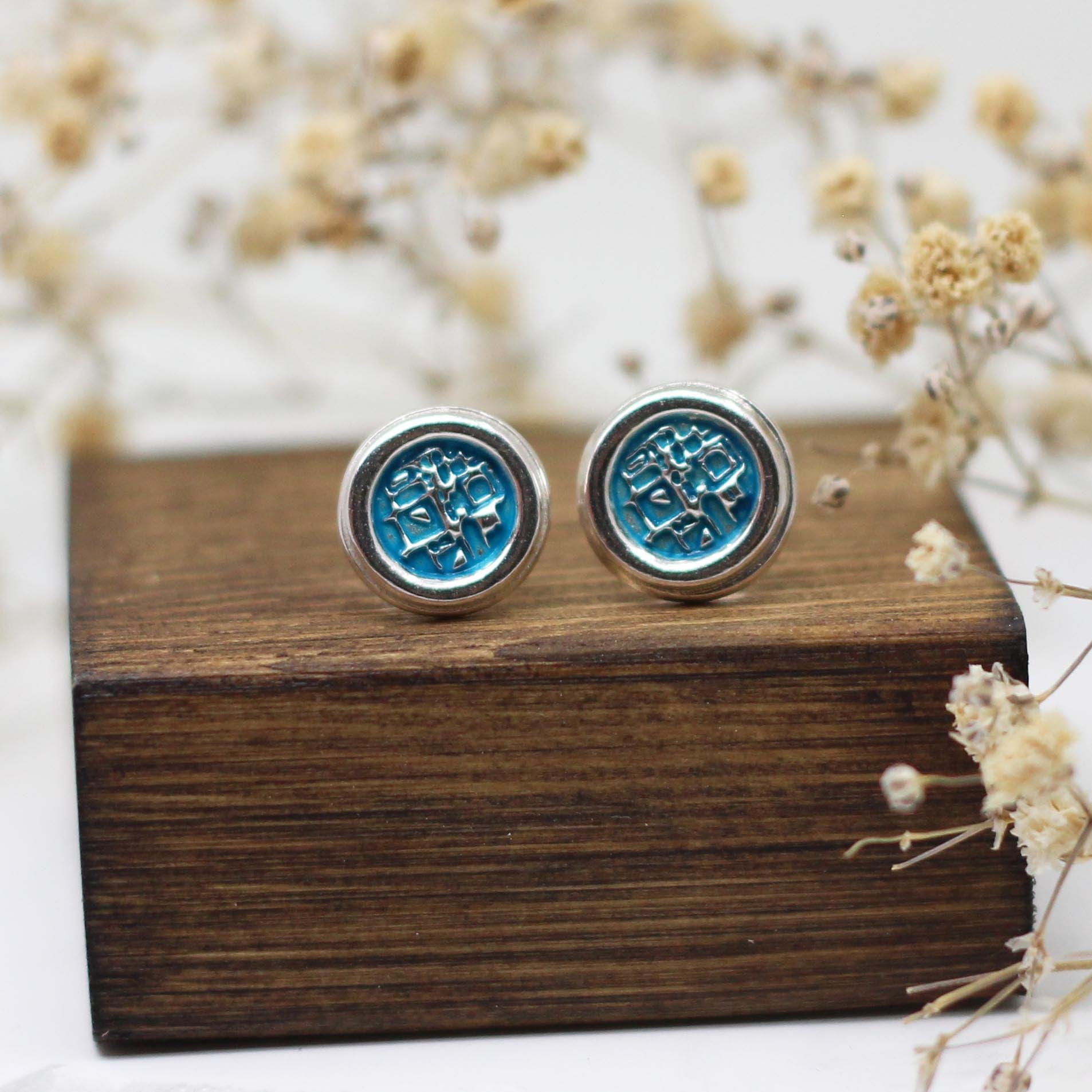 Maggie Read Jewellery Earrings Sterling silver Round Border Silver Stud Earrings - Blue Abstract