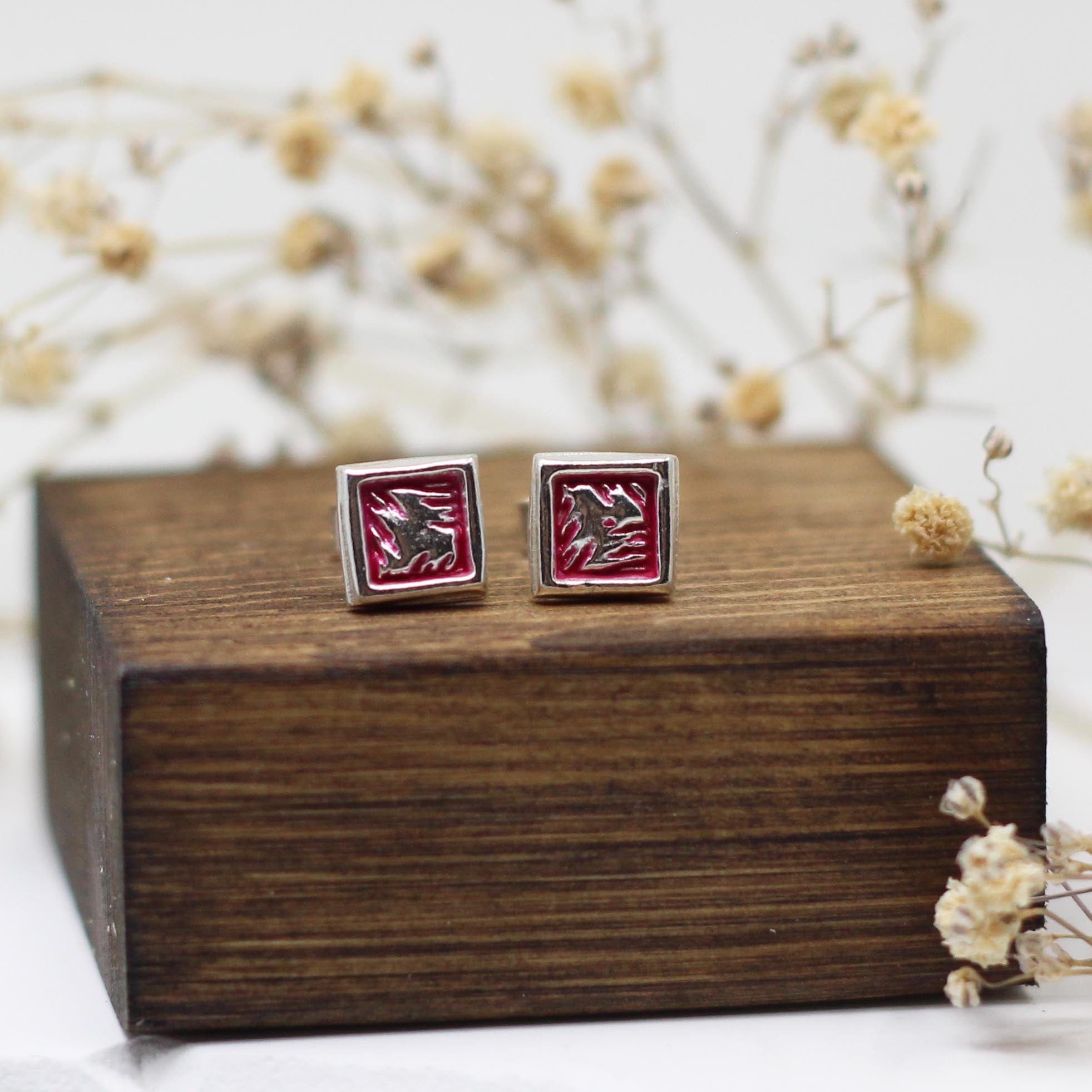 Maggie Read Jewellery Earrings Sterling silver Square Border Silver Stud Earrings - Pink