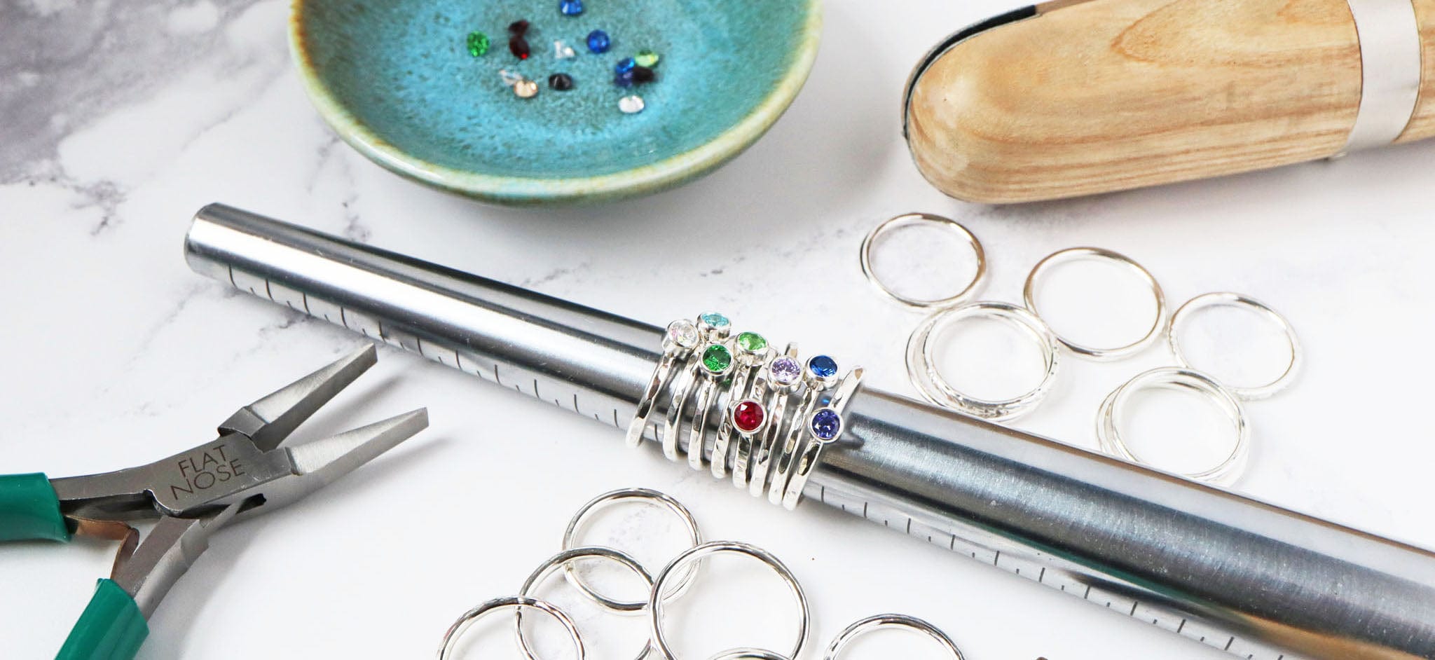 Maggie Read Jewellery Classes - gemstone stacking rings shown with jewellery tools