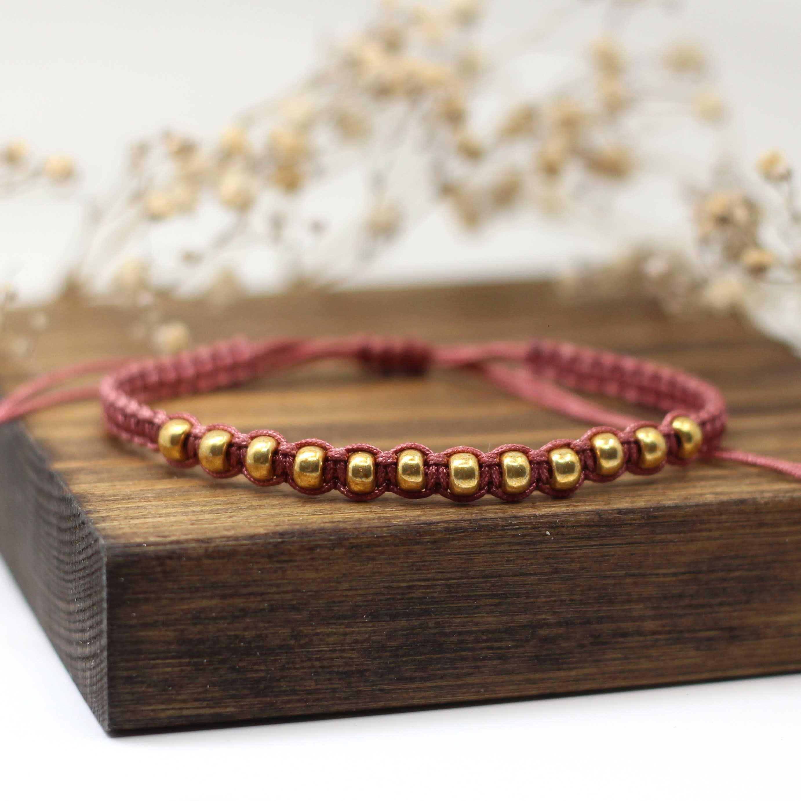 Maggie Read Jewellery Rings Metal beads Beaded Woven Bracelet - Dusky Pink & Gold