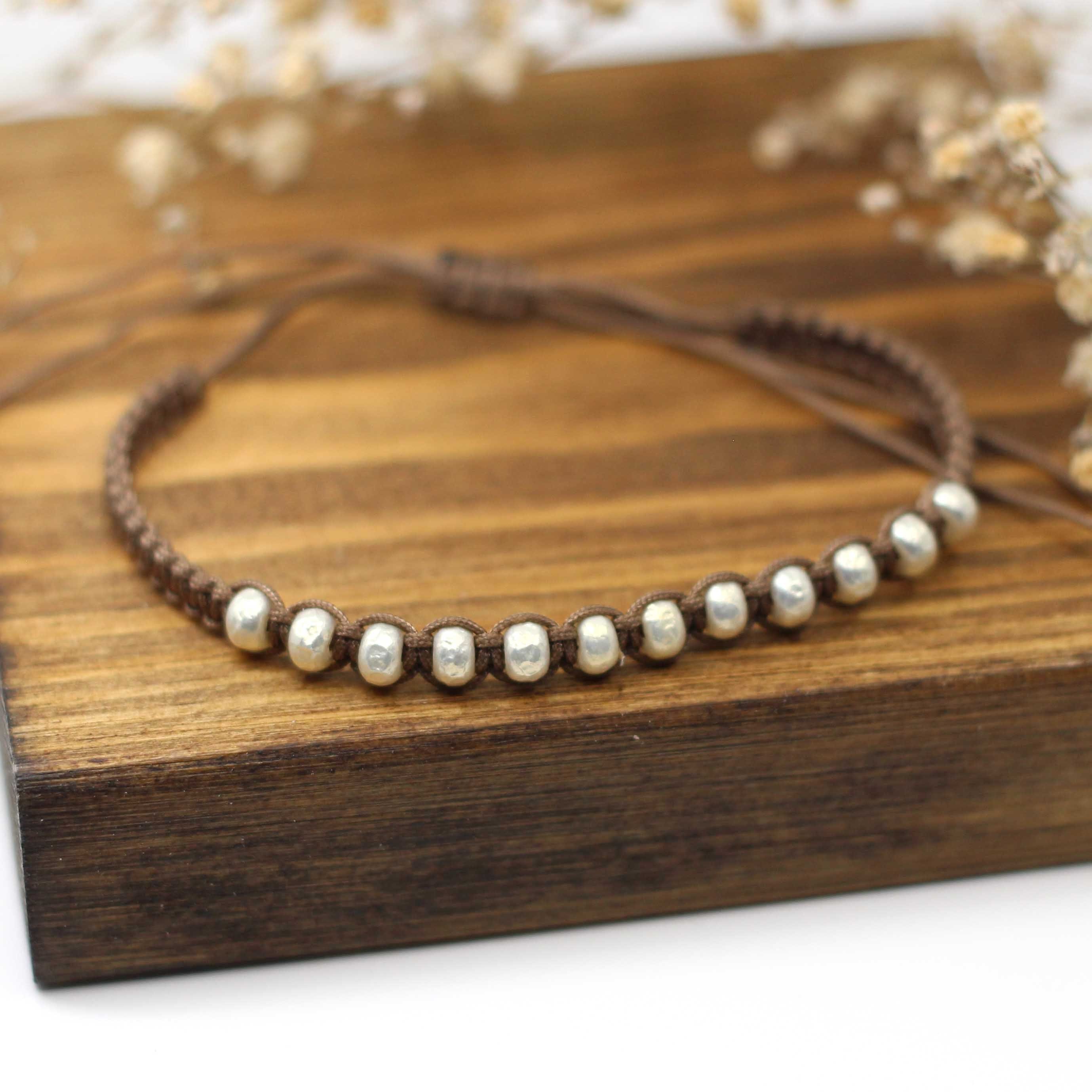 Maggie Read Jewellery Rings Pearl effect beads Beaded Woven Bracelet - Taupe & Pearl