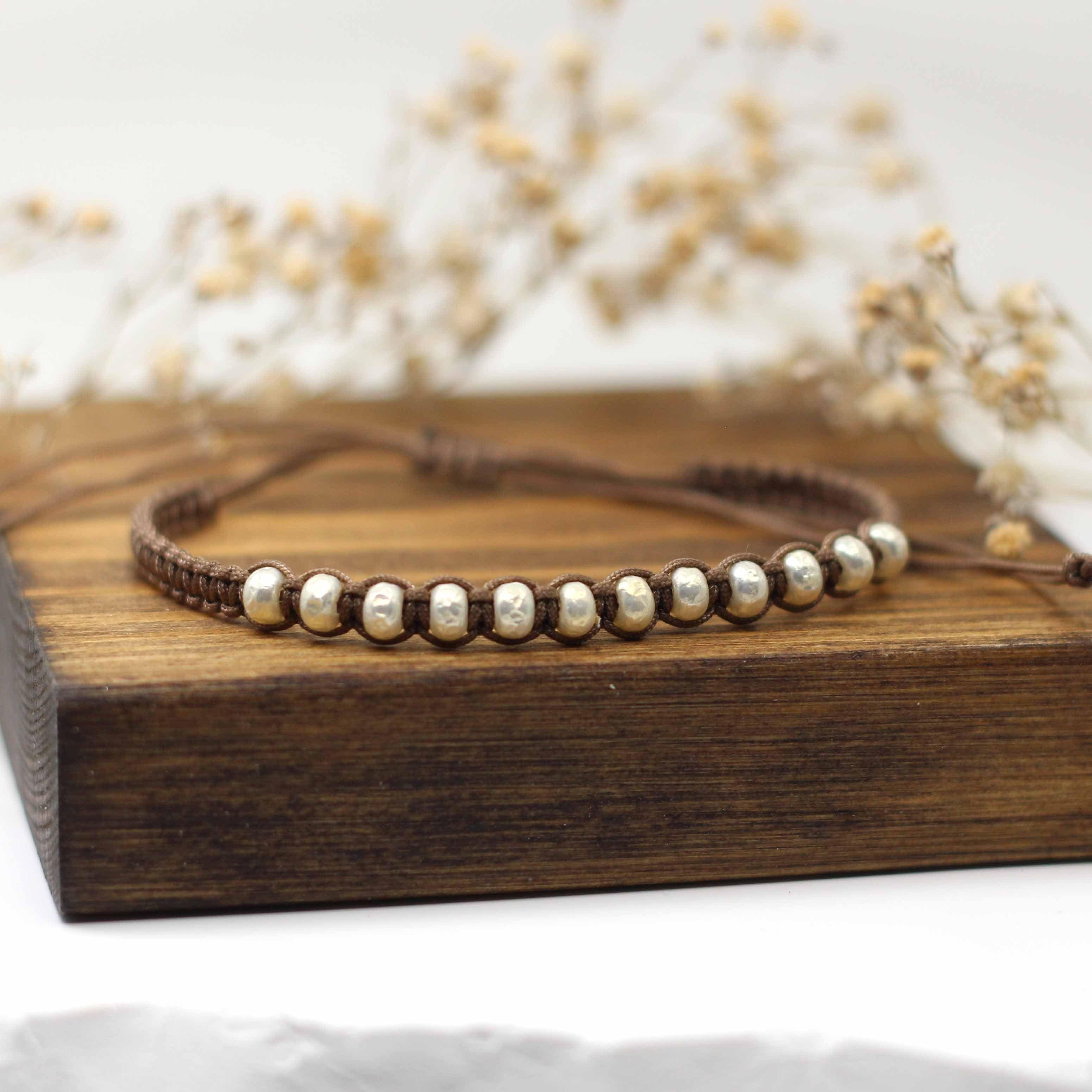 Maggie Read Jewellery Rings Pearl effect beads Beaded Woven Bracelet - Taupe & Pearl