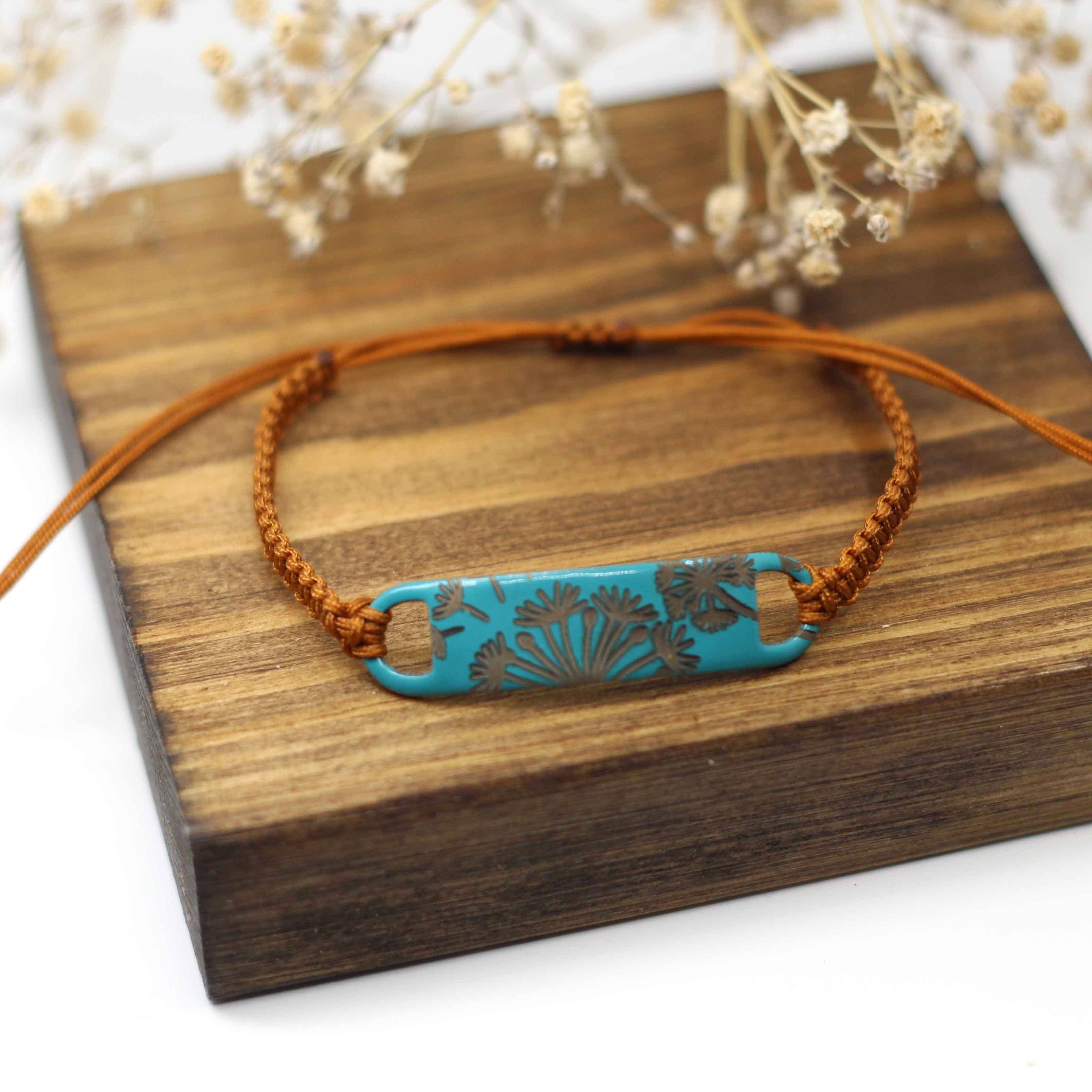 Maggie Read Jewellery Rings Stainless Steel Teal & Tan Floral Enamel Woven Bracelet