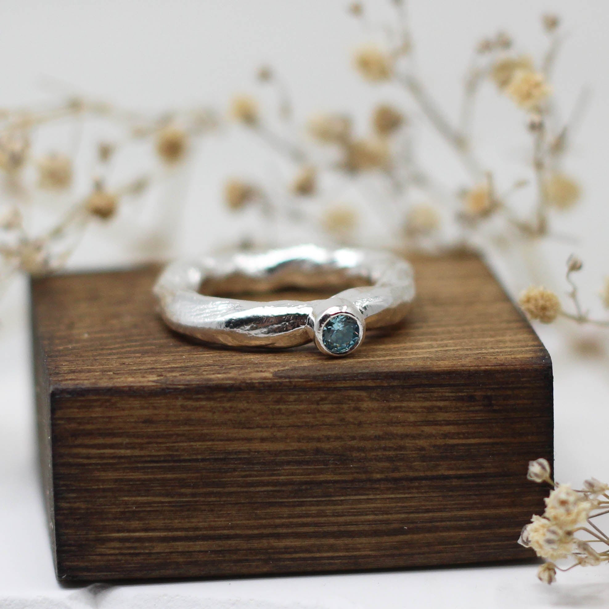 Maggie Read Jewellery Rings Sterling silver Molten Metal Aquamarine Blue Gemstone Silver Ring (size Q)