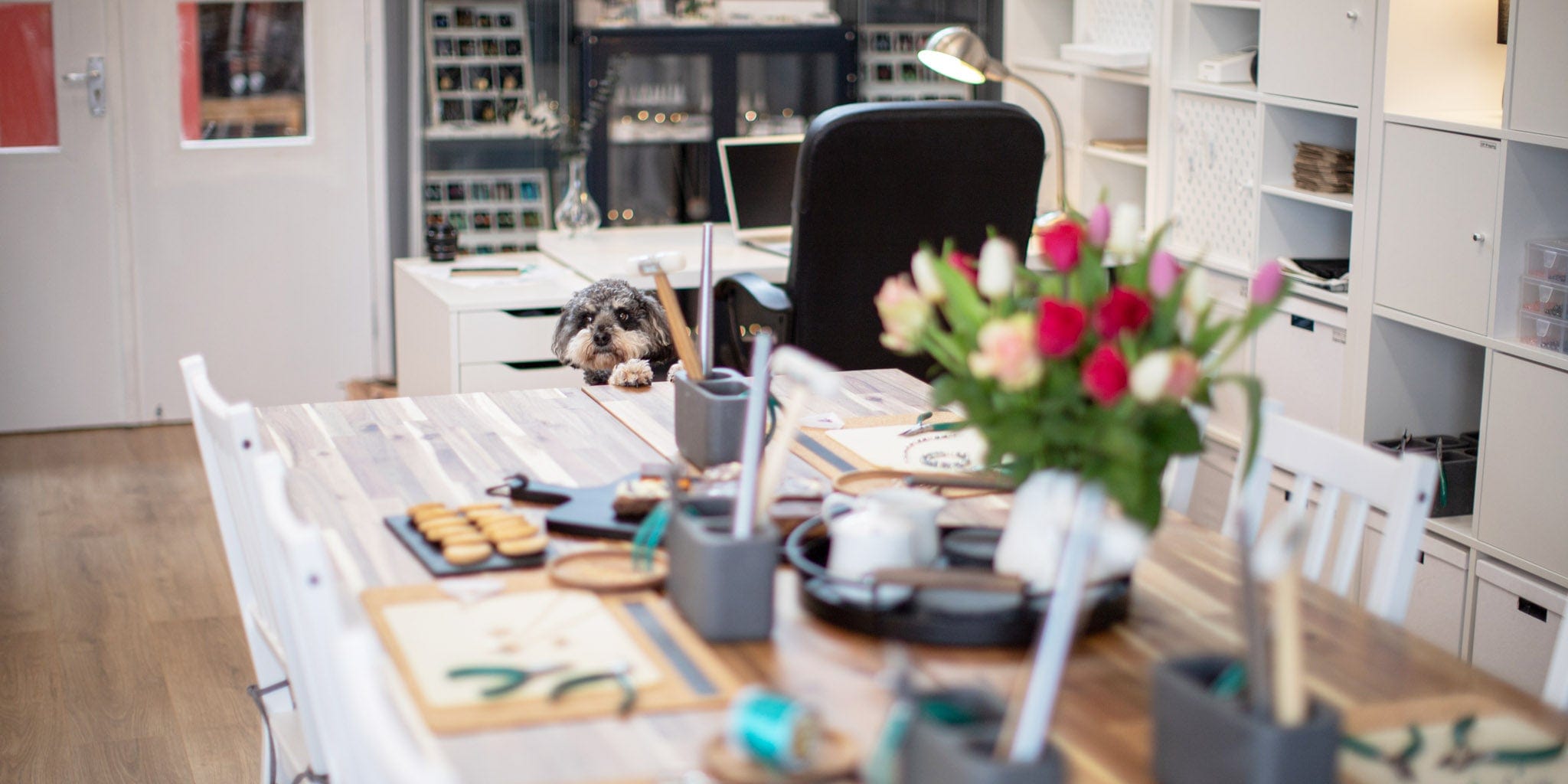 Maggie Read Jewellery studio with Mac the dog