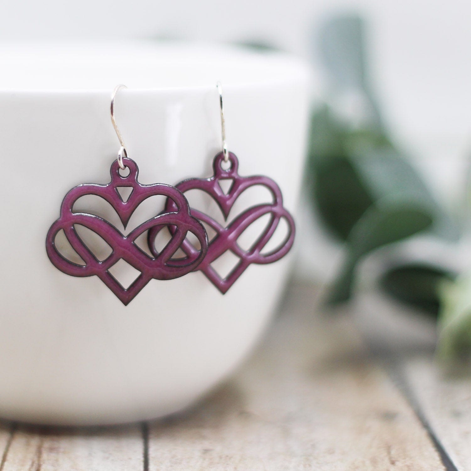 Maggie Read Jewellery Earrings Mauve Celtic Heart Enamel Earrings