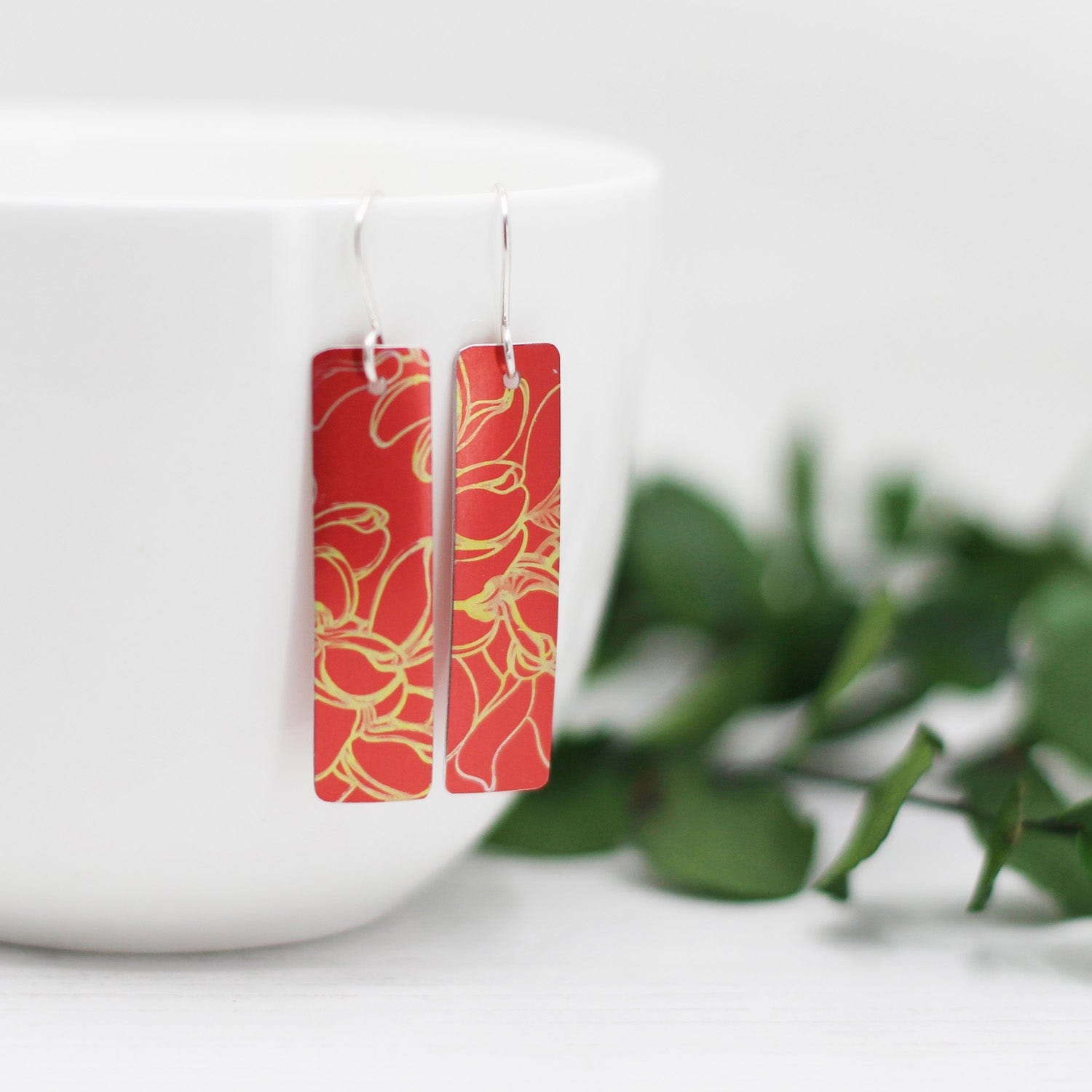 Maggie Read Jewellery Earrings Red & Gold Floral Hand Printed Earrings