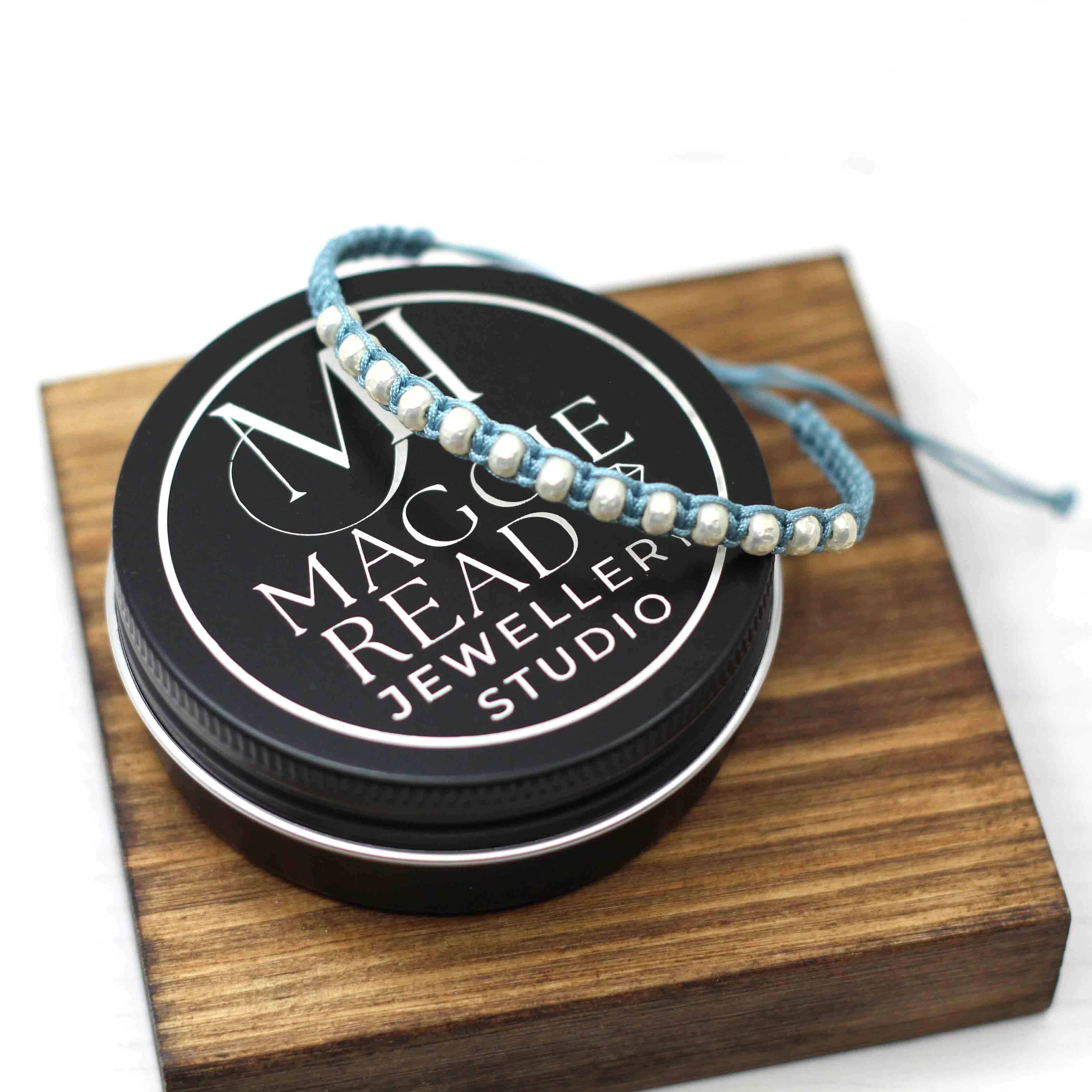 Maggie Read Jewellery Rings Stainless Steel Teal & Tan Floral Enamel Woven Bracelet